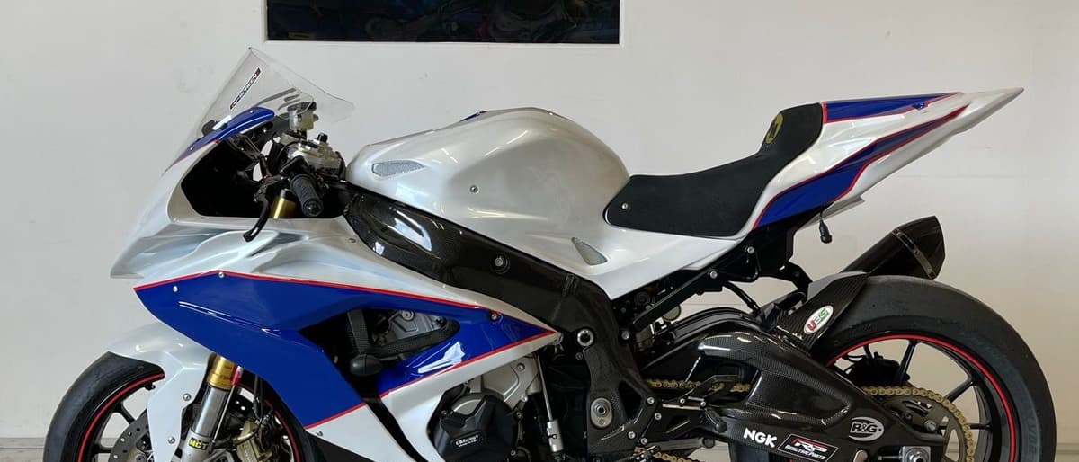 BMW S1000RR back together after paint, photographed full side profile
